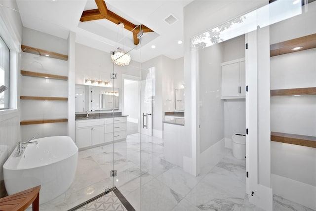 18829 Cypress Church Rd, Cypress, TX 77433 - full bathroom with marble tiled flooring, vanity, a soaking tub, toilet, and a shower stall