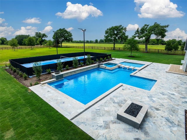 18829 Cypress Church Rd, Cypress, TX 77433 - view of swimming pool featuring a patio, a pool with connected hot tub, and a view of countryside