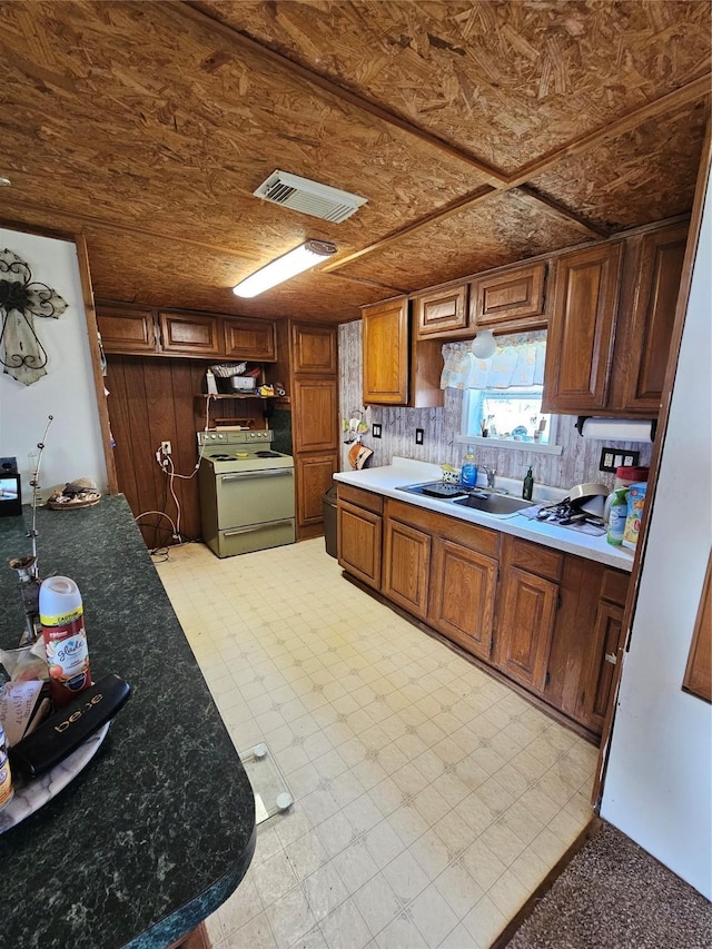 14545 Mariner St, Sargent, TX 77414 - kitchen with white range with electric cooktop, a sink, brown cabinetry, and light floors