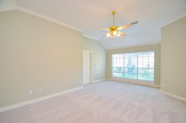 2303 Reflection Ct, Missouri City, TX 77459 - spare room with lofted ceiling, a ceiling fan, crown molding, light colored carpet, and baseboards