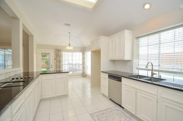 2303 Reflection Ct, Missouri City, TX 77459 - kitchen with a sink, dishwasher, black electric cooktop, light tile patterned floors, and lofted ceiling