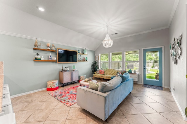 living room featuring light tile patterned floors, a chandelier, ornamental molding, baseboards, and lofted ceiling