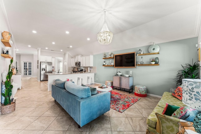 living room with light tile patterned flooring, a chandelier, baseboards, ornamental molding, and recessed lighting