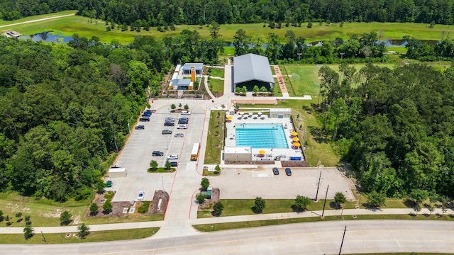aerial view of a large body of water and a pool