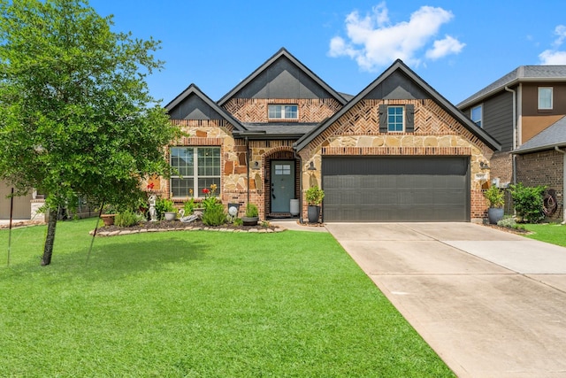 tudor-style house featuring a front lawn, brick siding, concrete driveway, and a garage