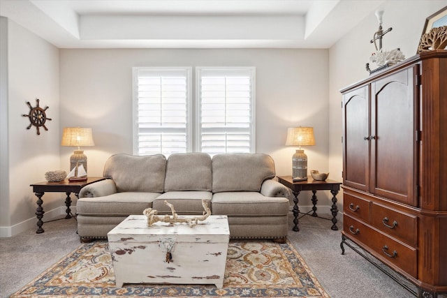 809 Stella Vista Ct, Katy, TX 77493 - living room featuring light carpet, a tray ceiling, and baseboards