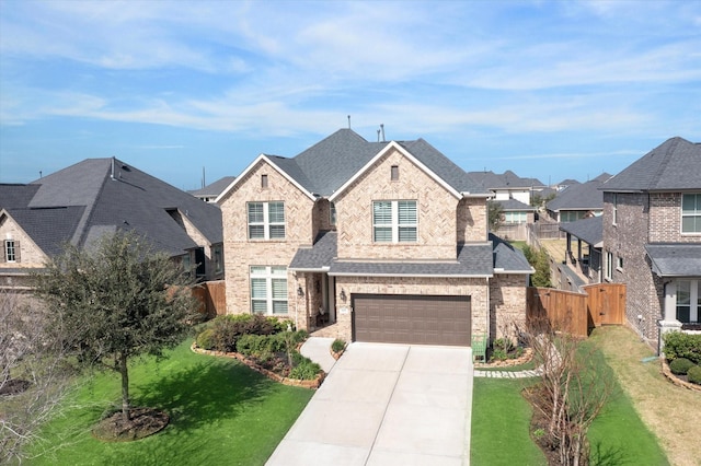 809 Stella Vista Ct, Katy, TX 77493 - view of front of home with driveway, brick siding, a garage, a residential view, and roof with shingles