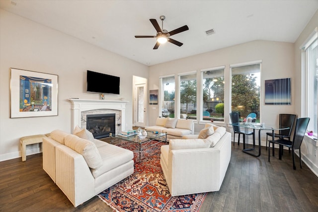 13234 James Terrace Ln, Houston, TX 77059 - living area featuring a ceiling fan, dark wood-style floors, healthy amount of natural light, and lofted ceiling