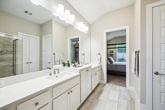 13234 James Terrace Ln, Houston, TX 77059 - ensuite bathroom with lofted ceiling, a stall shower, vanity, baseboards, and a closet