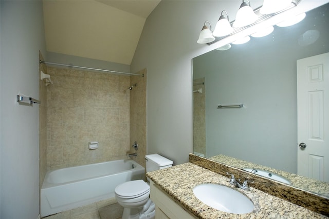 full bathroom featuring toilet, lofted ceiling, tile patterned floors, vanity, and bathtub / shower combination