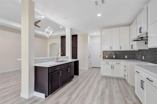 1107 N Main St, Dayton, TX 77535 - kitchen featuring a sink, under cabinet range hood, light wood-style floors, white cabinets, and recessed lighting