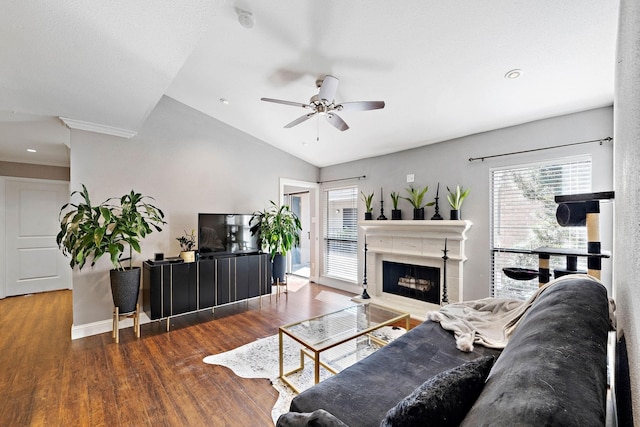 living room with ceiling fan, wood finished floors, healthy amount of natural light, and vaulted ceiling