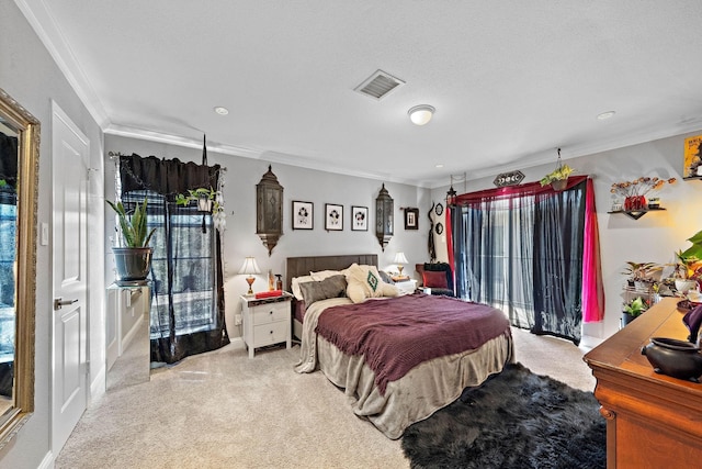 bedroom with carpet flooring, crown molding, and recessed lighting