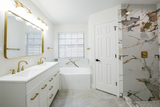 6002 Redfish Run, Baytown, TX 77523 - bathroom featuring a marble finish shower, a garden tub, and double vanity