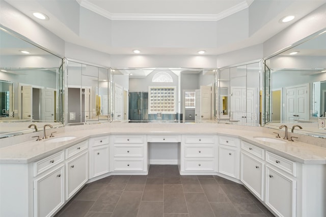 1706 Lofty Maple Trl, Houston, TX 77345 - bathroom with recessed lighting, ornamental molding, tile patterned floors, and vanity