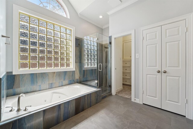 1706 Lofty Maple Trl, Houston, TX 77345 - full bathroom featuring a stall shower, a jetted tub, ornamental molding, tile patterned floors, and vaulted ceiling