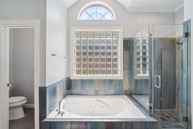 1706 Lofty Maple Trl, Houston, TX 77345 - bathroom with a shower stall, a tub with jets, toilet, and lofted ceiling
