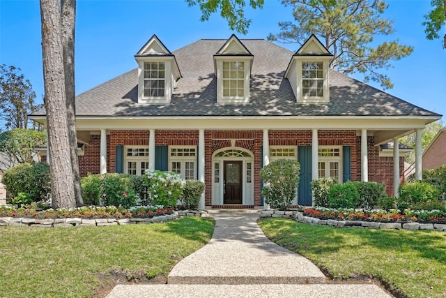 1706 Lofty Maple Trl, Houston, TX 77345 - view of front of house featuring covered porch, a front yard, brick siding, a shingled roof, and french doors