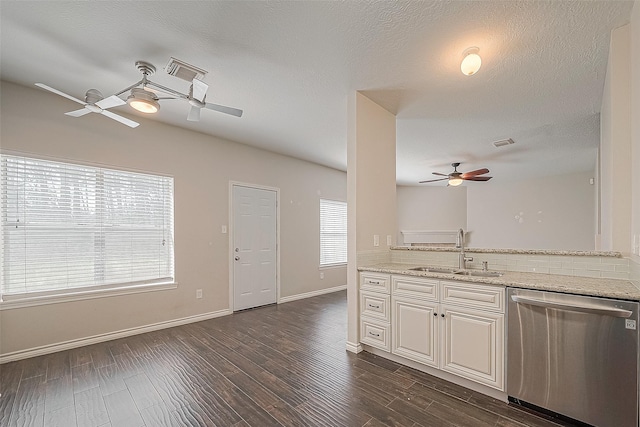 23123 Sandpiper Trl, Spring, TX 77373 - kitchen featuring dishwasher, a sink, a ceiling fan, and dark wood finished floors