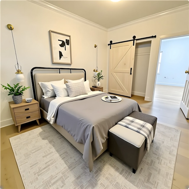 301 Tabor St, Houston, TX 77009 - bedroom featuring a barn door, crown molding, and baseboards