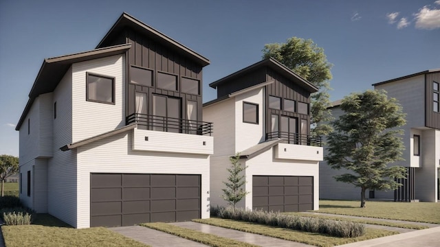 contemporary home with an attached garage, a balcony, and board and batten siding