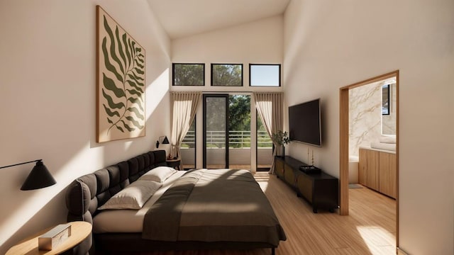 bedroom featuring high vaulted ceiling, connected bathroom, and light wood finished floors