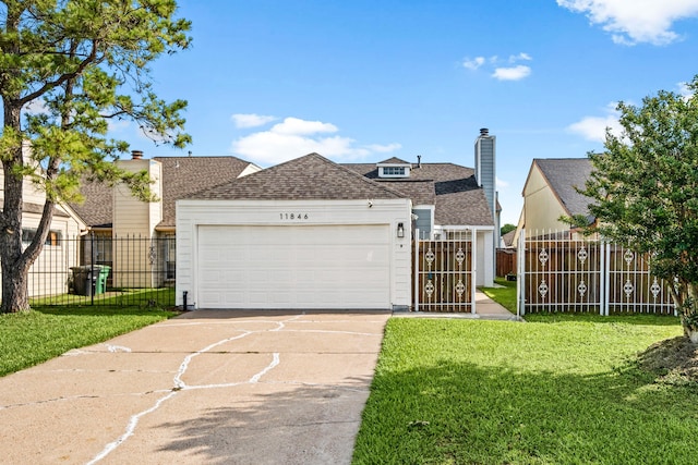 view of front of property with an attached garage, a shingled roof, concrete driveway, a chimney, and a gate