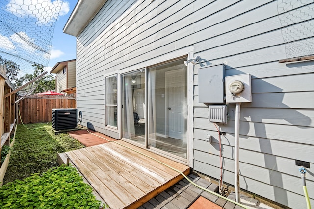 deck featuring central air condition unit and fence