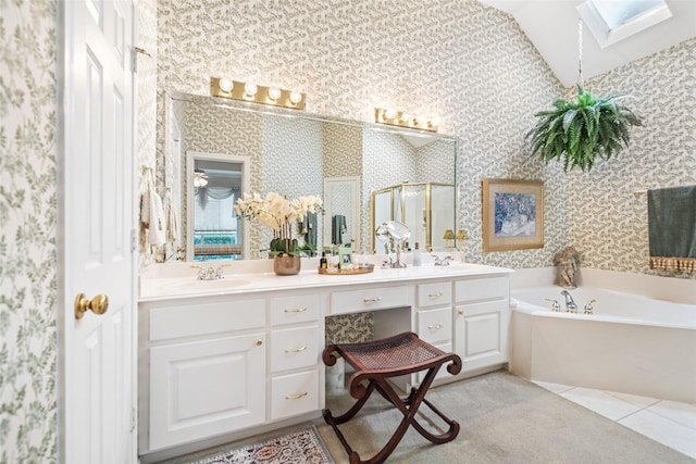 12938 Quail Park Dr, Cypress, TX 77429 - full bathroom with wallpapered walls, a stall shower, double vanity, a skylight, and a garden tub