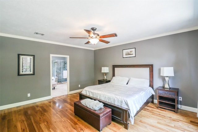 101 N Hall Dr, Sugar Land, TX 77478 - bedroom featuring baseboards, wood finished floors, ornamental molding, ceiling fan, and connected bathroom
