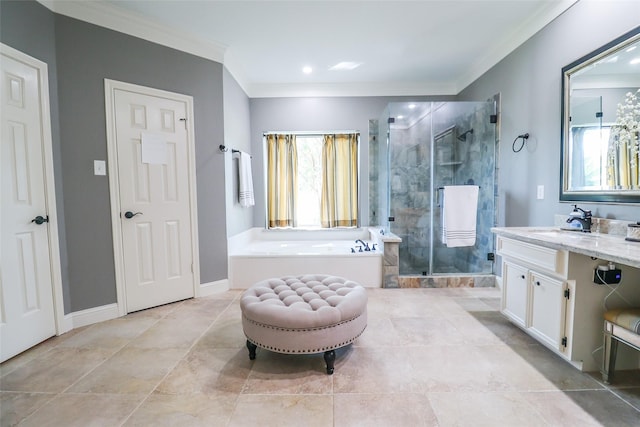 101 N Hall Dr, Sugar Land, TX 77478 - full bath featuring crown molding, a shower stall, a garden tub, vanity, and tile patterned floors