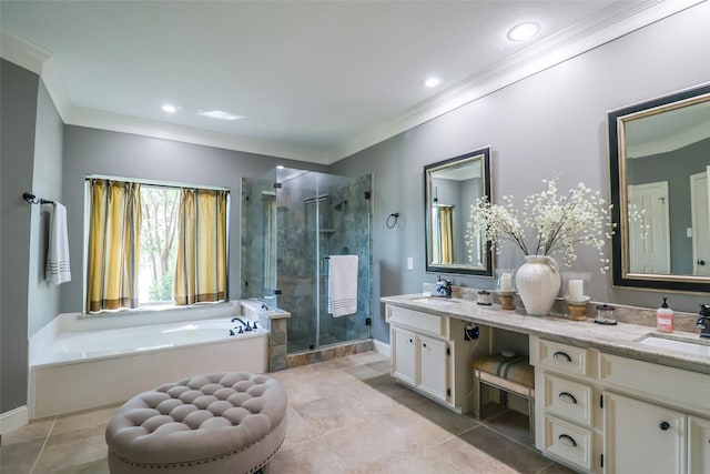 101 N Hall Dr, Sugar Land, TX 77478 - bathroom featuring crown molding, a stall shower, double vanity, a garden tub, and tile patterned flooring