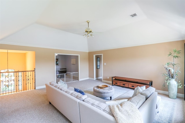 101 N Hall Dr, Sugar Land, TX 77478 - carpeted living area featuring vaulted ceiling, a ceiling fan, and baseboards