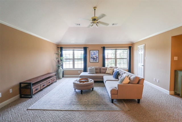 101 N Hall Dr, Sugar Land, TX 77478 - carpeted living room featuring ceiling fan, crown molding, and baseboards