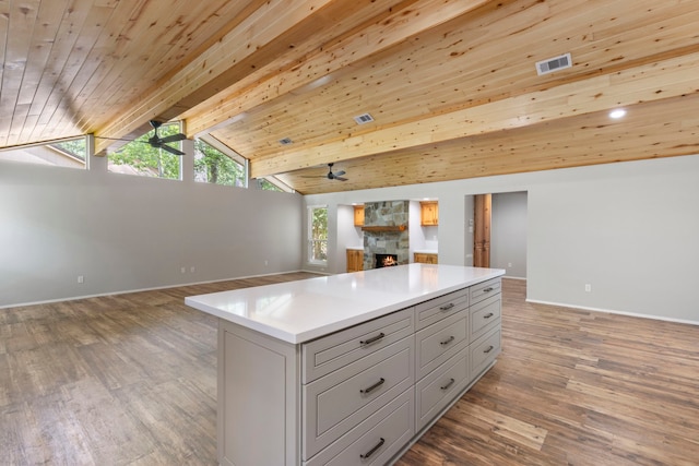 21 Riverbank Dr, The Woodlands, TX 77381 - kitchen featuring ceiling fan, open floor plan, gray cabinets, wood finished floors, and a stone fireplace