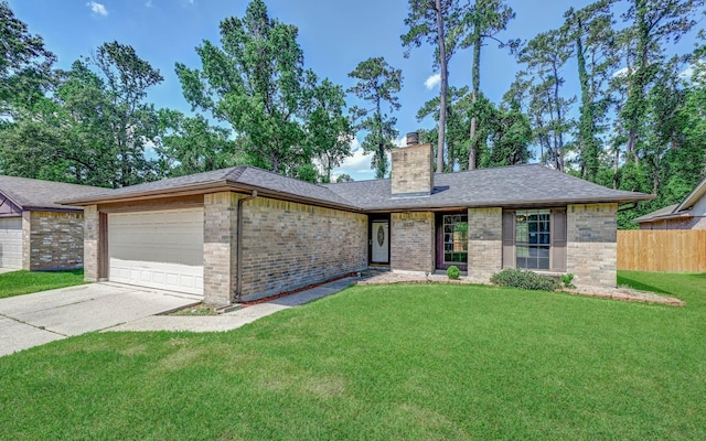 view of front of property featuring an attached garage, a chimney, driveway, and brick siding