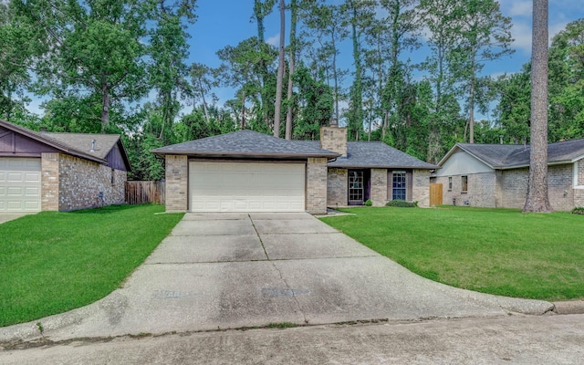 ranch-style house with brick siding, concrete driveway, a chimney, and an attached garage