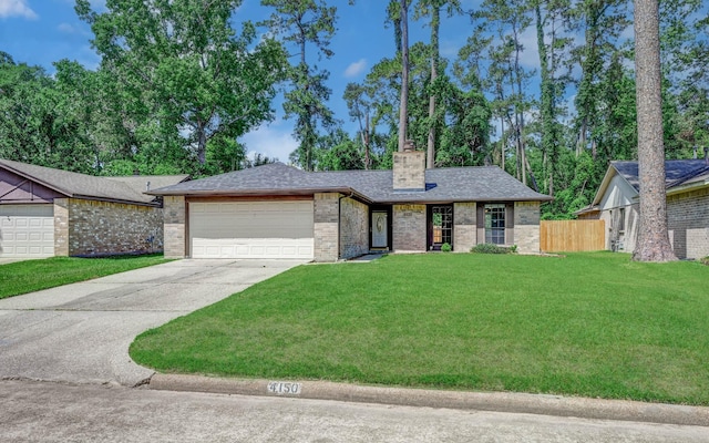 view of front facade with a garage, concrete driveway, brick siding, a chimney, and a shingled roof
