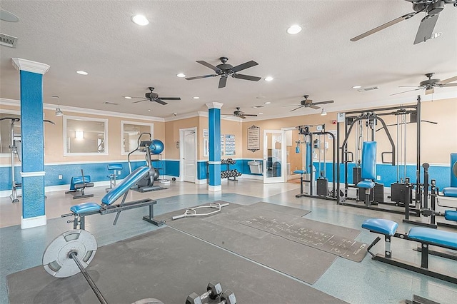 1711 Old Spanish Trl Unit 323, Houston, TX 77054 - exercise room with recessed lighting, a textured ceiling, baseboards, ornamental molding, and a ceiling fan