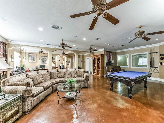 1711 Old Spanish Trl Unit 323, Houston, TX 77054 - living area featuring ceiling fan, concrete floors, arched walkways, crown molding, and billiards