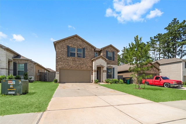 247 Pine Cavern Dr, Willis, TX 77378 - traditional-style home with concrete driveway, an attached garage, stone siding, and brick siding