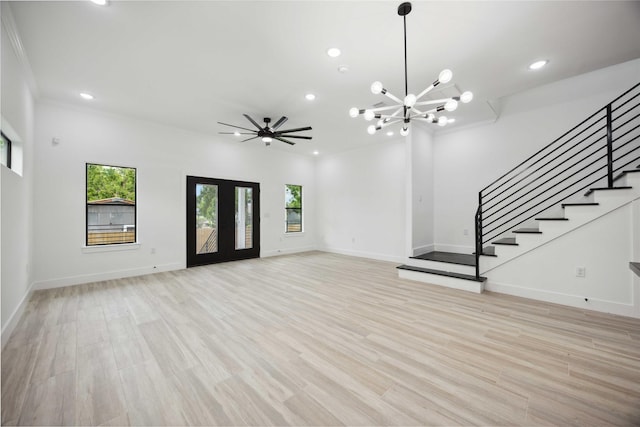 unfurnished living room with a chandelier, recessed lighting, stairs, baseboards, and light wood-style flooring