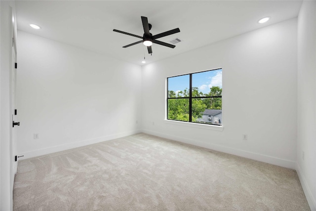 unfurnished room with carpet flooring, baseboards, recessed lighting, and ceiling fan