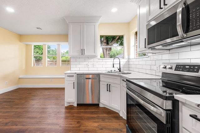1408 Quail Holw, Sealy, TX 77474 - kitchen with stainless steel appliances, a sink, backsplash, recessed lighting, and light countertops