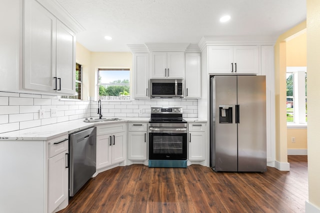 1408 Quail Holw, Sealy, TX 77474 - kitchen with appliances with stainless steel finishes, a sink, dark wood-type flooring, white cabinets, and recessed lighting