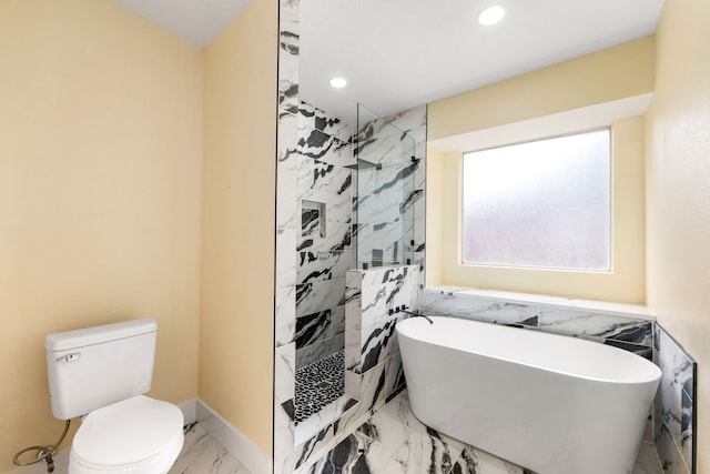 1408 Quail Holw, Sealy, TX 77474 - full bath with marble finish flooring, toilet, a freestanding bath, a marble finish shower, and recessed lighting
