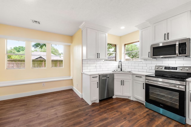 1408 Quail Holw, Sealy, TX 77474 - kitchen with appliances with stainless steel finishes, a sink, tasteful backsplash, dark wood-type flooring, and light countertops