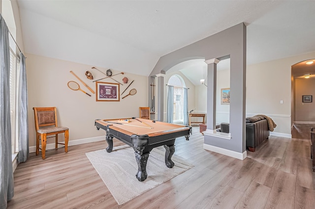 19123 Dee Woods Dr, Humble, TX 77346 - recreation room with arched walkways, ornate columns, billiards, light wood-style floors, and vaulted ceiling