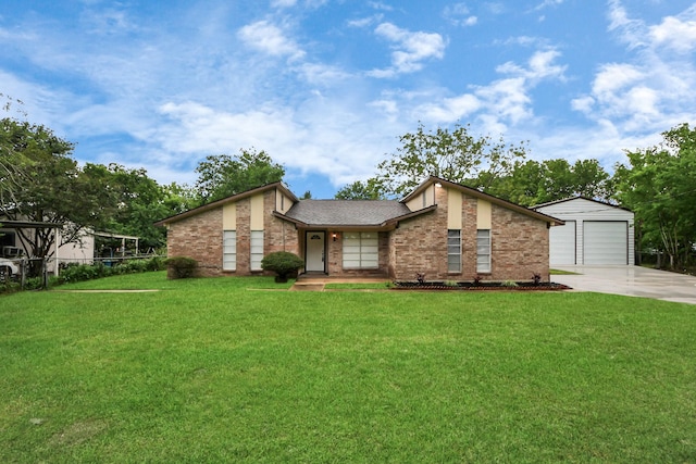 2257 County Road 206, Alvin, TX 77511 - mid-century modern home featuring brick siding, concrete driveway, an outbuilding, and roof with shingles