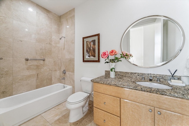 bathroom with toilet, tub / shower combination, and vanity